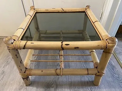 Vintage Square Bohemian Cane Bamboo Rattan Coffee Table Side Table W/ Glass Top • £70