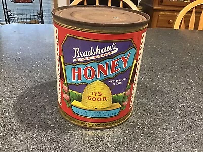 Vintage Bradshaw’s Clover Blossom HONEY Tin Can. Net Weight 5 Lbs. Empty • $45