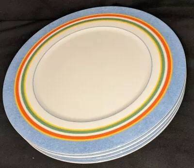 Set Of 4 VILLEROY & BOCH Tipo Viva 12  BLUE RIM DINNER PLATES + Red Yellow Green • $99.95