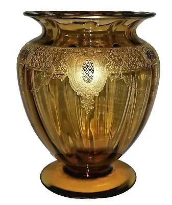 Elegant Period Art Glass VASE Bohemia Czech Engraved Gilt Fostoria Ribbed9 • $685