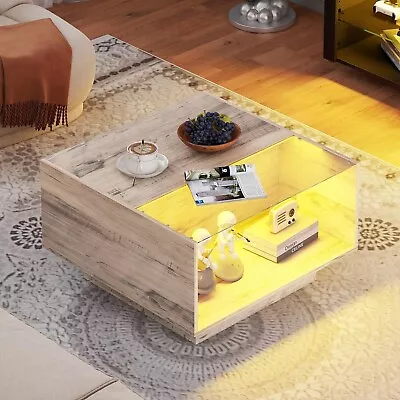 Gray Modern Wood Cocktail Coffee Table Center For Living Room LED Glass Display • $127.99