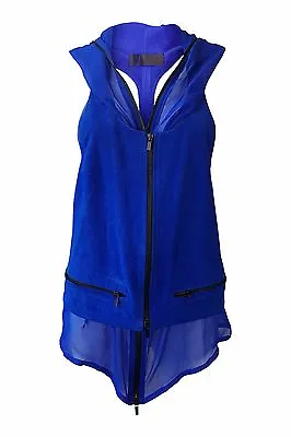 HAIDER ACKERMANN Watts Electric Blue Suede Hooded Waistcoat (US 4-10 | UK 8-12 ) • $417.78