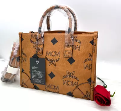 AUTH NWT MCM Munchen Small  Visetos  Monogram Coated  Canvas Tote In Cognac ~NEW • $699.99