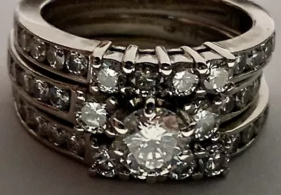 Estate Solid 14k White Gold 3.1 CTW Round Diamond Wedding 3 Ring Set Vintage • $1495