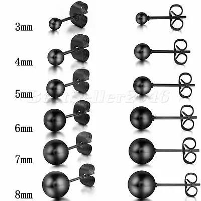 3mm-8mm Mens Womens Black Stainless Steel Round Bead Ball Studs Earrings 2PCS • $7.99