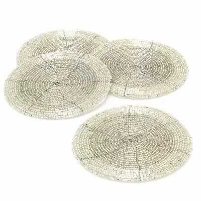 £7.99 • Buy Set Of 4 Silver Glass Coasters | Chic Beaded Drinks Coaster Set | Table Mats