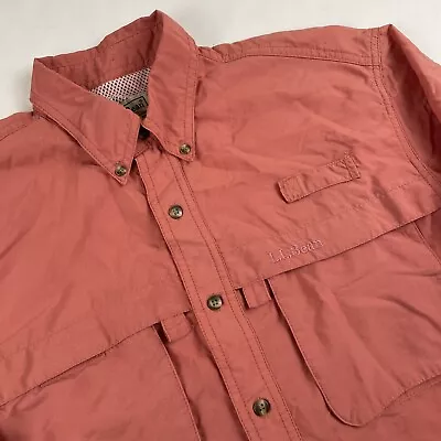 LL Bean Fishing Button Up Shirt Men’s S Vented Roll Tab Sleeve Coral Poly Nylon • $15.62