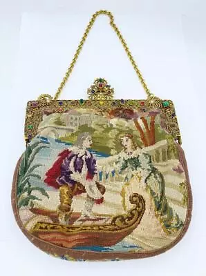 Victorian French Petit Point Purse W/ Jeweled Frame Gondola & Courting Couple • $250