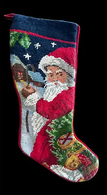 Vintage Needlepoint Tapestry Christmas Stocking Santa Toys Teddy Bear Cabin • $18