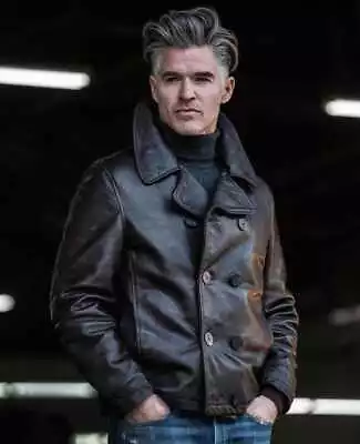 New Men's Military Motorcycle Genuine Cowhide Vintage Leather Pea Coat XS To 5XL • $144