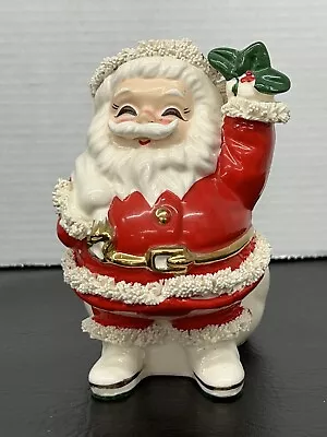 Vtg 1950s NAPCO Ceramic Santa Bank Spaghetti Trim 6.25” Japan Waving With Holly • $40