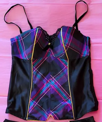 Vintage 2009 Victoria's Secret Black Satin Mesh Plaid Bustier Corset Top 36C • $24.99