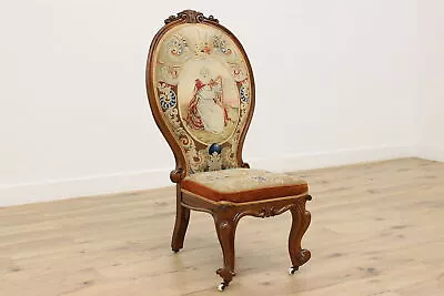 Victorian Antique Slipper Chair Harp Petit Point Tapestry #45952 • $1600