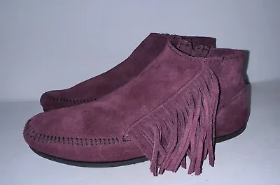 Minnetonka Burgundy Maroon Red Lacy Suede Fringe Bootie Boots Size 8 • $34.99