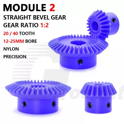 Straight Bevel Gear Module 2 90° 1:2 Pairing 20/40 Tooth 12-25mm Bore Nylon Blue • $6.99
