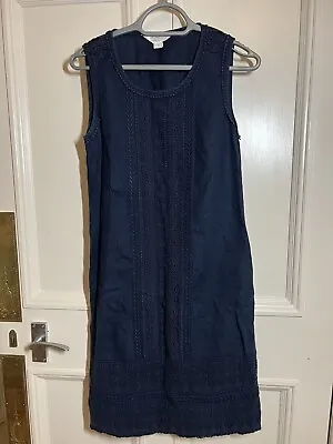£11.50 • Buy Monsoon Dress Linen Cotton Beige Navy Embroidered Dress Size 8