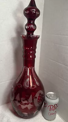 Czech Crystal Wine Decanter Ruby Red Cut Bohemian With Stopper 20” Tall Elk Deer • $200