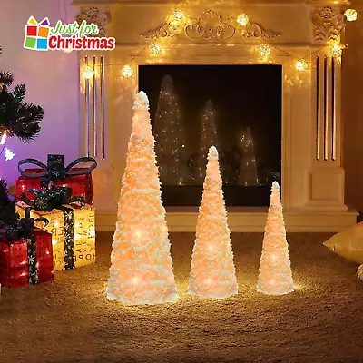 Set Of 3 LED Light-Up Christmas Glitter Tree Cones Tinsel Pyramids Snow Effect • £24.99