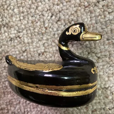 Vintage Black And Gold Gilded Lacquer Duck Wood Lidded Trinket Box Initialed • $12.99