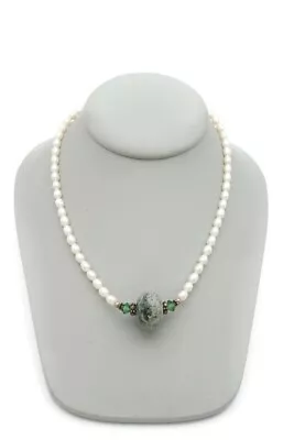 Vintage Freshwater Pearl Necklace Silver Tone Green Crystal 17  • $17.99