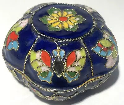 Vintage Cloisonne Enamel Small Blue Trinket Box Butterflies Flower With Lid • $16