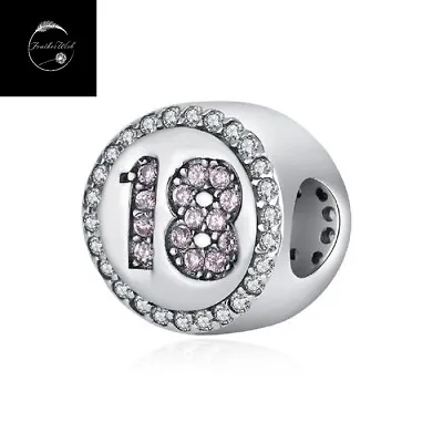 Genuine Solid Sterling Silver 925 18th Birthday Charm With Pink Cubic Zirconia • £21.99