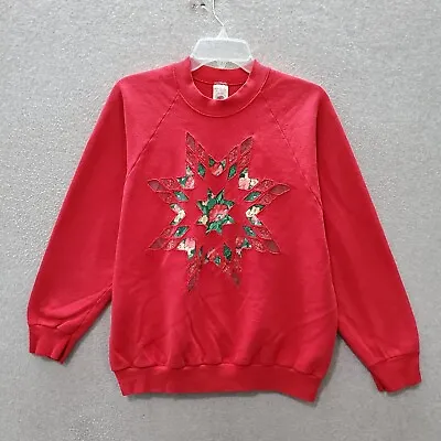 Christmas Snowflake Women Sweater Large Red Vintage 80s Cutout Patchwork Quilt • $99.92