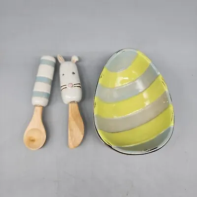 Mud Pie Ceramic Egg Easter Bunny Decorative Bowl Scoop Spoon Knife • $17.99