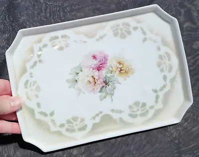 *Vintage* GERMANY Hand Painted Porcelain VANITY TRAY Peony Roses 10  X 7   • $24.95