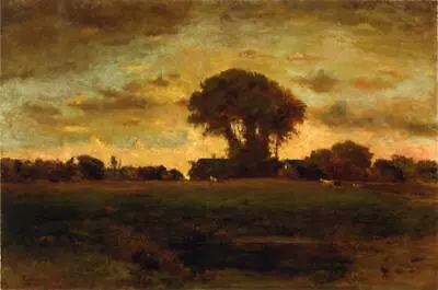 Art Oil Painting George-Inness-Sunset-on-a-Meadow Landscape With Village • $78.01