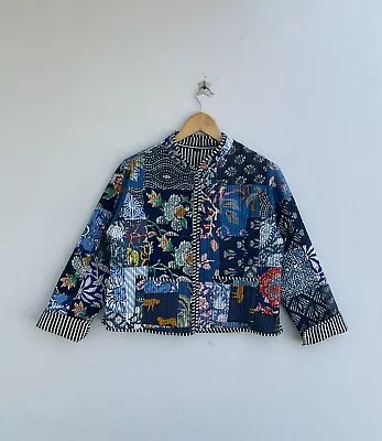 Cotton Patch Work Jacket Quilted Kantha Coat Front Pocket Handmade Vintage Quilt • $32.79