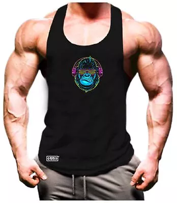 Gorilla Headphones Vest Gym Clothing Bodybuilding Training Workout MMA Tank Top • £6.99