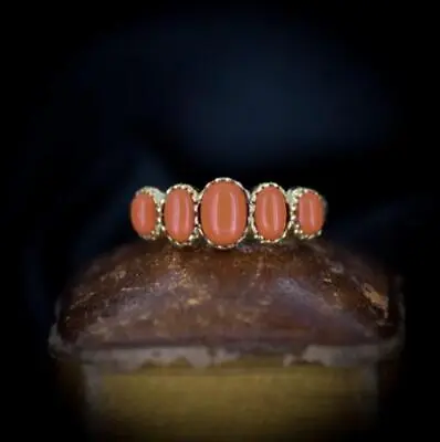 £185 • Buy Coral Five Stone 18ct 18K Yellow Gold Gilded Ring Band | Antique Georgian Style