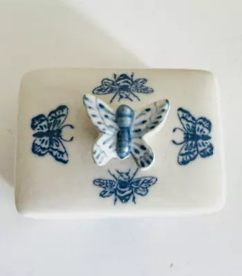 VTG Andrea By Sadek Jardin Blue Butterfly Bee Lidded Trinket Box 2.50 Inches • $0.99