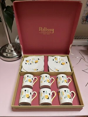 £19.99 • Buy Vintage 1950s 50s Palissy Gayday Geometric Black Yellow Green 6 Cup Espresso Set
