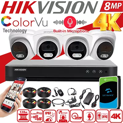Hikvision 4K 8MP COLORVU CCTV KIT Home Audio CAMERA SYSTEM DVR + 2TB HDD IP67 UK • £389.40