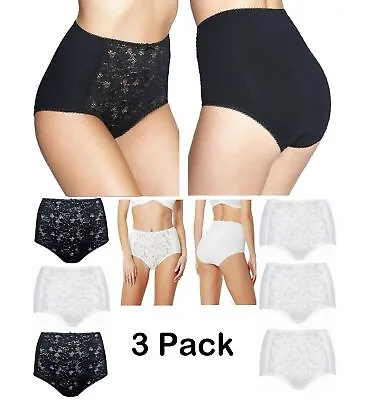 Ladies EX M&S 3 PACK Cotton Briefs FULL Lace Front High Rise Waist Knicker • £9.99