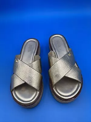 Michael Kors Woman's Sz 6.5 M Gold Metallic Cork Wedge Slides Shoes • $25