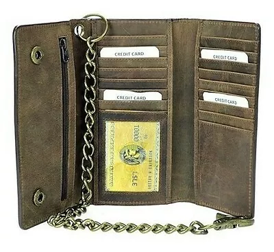 Brown Leather Vintage Trifold Motorcycle Chain Deluxe Wallet RFID Blocking  • $25.99