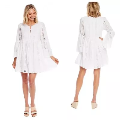 Mudpie Raylee Eyelet Embroidered Mini Dress Womens Sz L White Bell Sleeves • $21