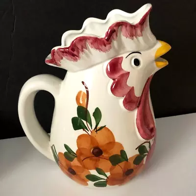VTG ART POTTERY Ceramic ROOSTER PITCHER 8.5  White W Hand Painted Florals Retro • $14