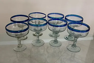 Mexican Hand Blown Margarita Glasses W/ Cobalt Blue & Aqua Rims $13 Each  • $13