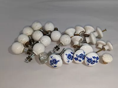 Vintage Porcelain Door Knobs Handles Plus 4 White & Blue Flowers Ceramic • $25