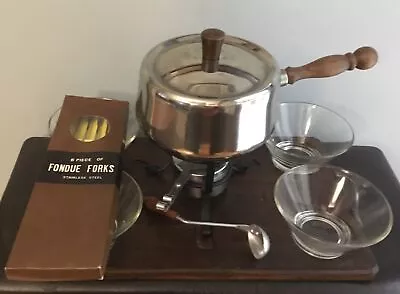 Vintage Fondue Set Stainless Steel W/Tray Forks And 4 Glass Bowls Made In Japan • $20