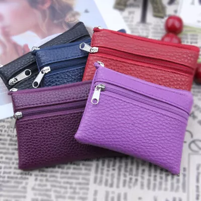Solid PU Leather Small Wallet Card Key Holder Zipper Coin Purse Clutch Bag Pouch • £2.87