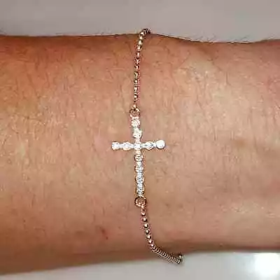 Sideways Cross Beaded Bracelet Sterling Silver With CZ Stones • $21