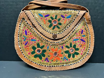 Vintage Embroidered & Embellished Floral Leather Handbag - Made In India • $35
