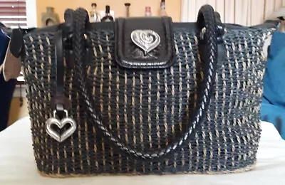 Brighton Black/Tan Woven Straw And Leather Handbag Shoulder Bag Nice Lining • $25.99