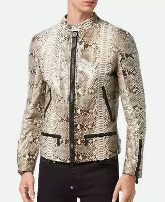 Men's Stylish Exotic Python Snake Texture Real Lambskin Leather Jacket • $167.16