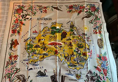 Vintage Leil Australia Tablecloth Wall Hanging Map 48x52  Linen Perfect • $28